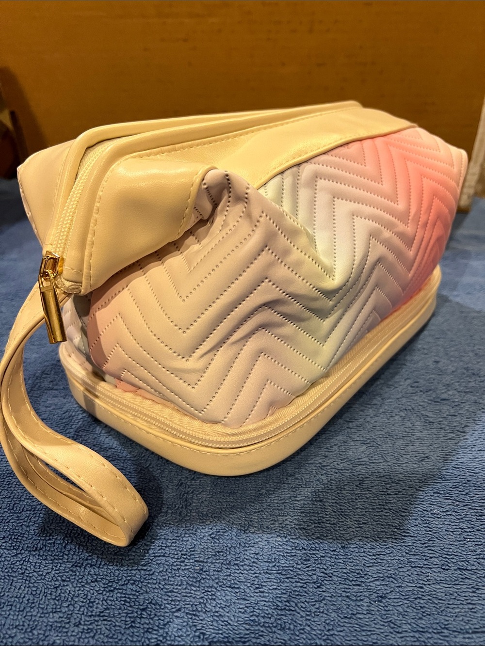 Quilted Chevron Pastel Ombre Travel Cosmetic Bag - Cream Pink